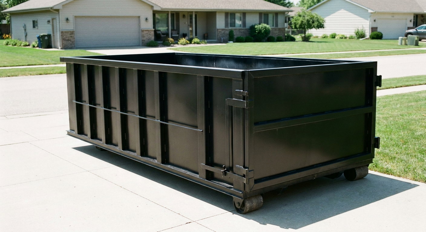 Matte-black 10-yard roll-off dumpster on a residential concrete driveway in Southaven, uniformly painted matte black across every panel and rail, ribbed steel sidewalls and rear swing door visible, mid-day daylight.