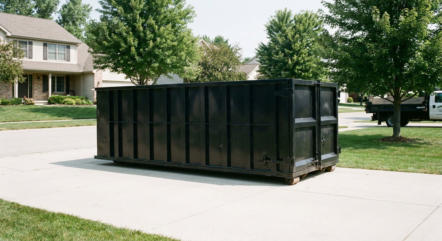 Matte-black 20-yard roll-off dumpster sitting level on a clean Southaven residential concrete driveway under bright daylight, demonstrating clean placement directly on the concrete.
