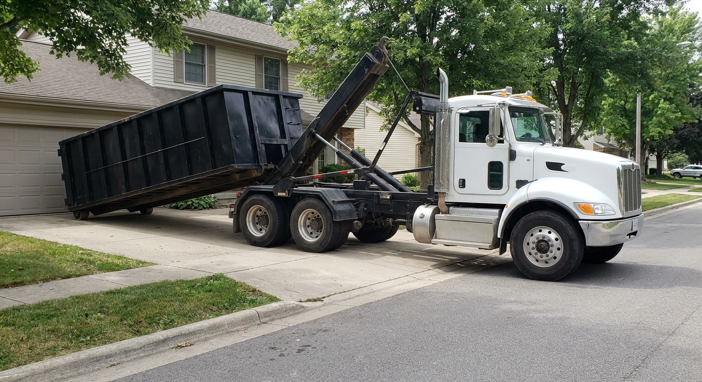 White-cab hooklift roll-off truck actively lowering a matte-black dumpster onto a Southaven residential concrete driveway, the dumpster's rear wheels touching the driveway as the hoist arm tilts the bed forward, mid-morning daylight.